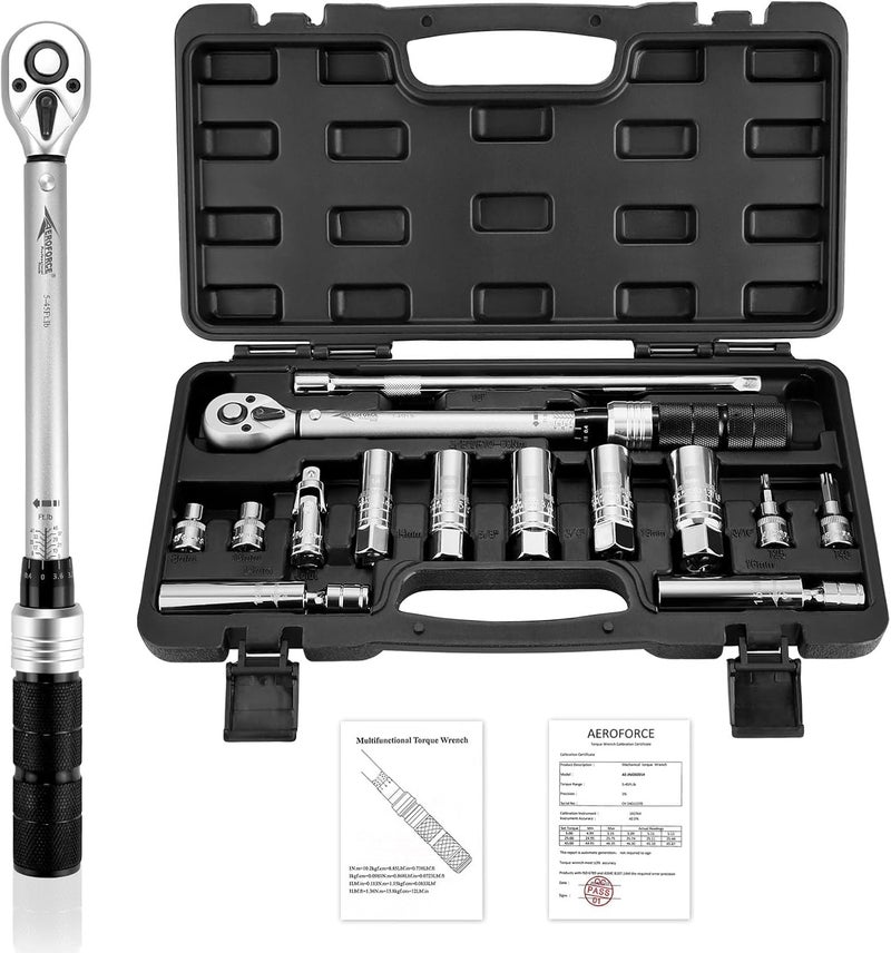AEROFORCE Professional Tools AEROFORCE 14PCS 3/8-Inch Drive Swivel Magnetic Spark Plug Socket Set with 3/8'' Torque Wrench (5-45 Lb.ft/6.8-61.2 Nm), Universal Joint & Extension Bar - Durable CR-V Steel for Easy Spark Plug Removal - Image 1